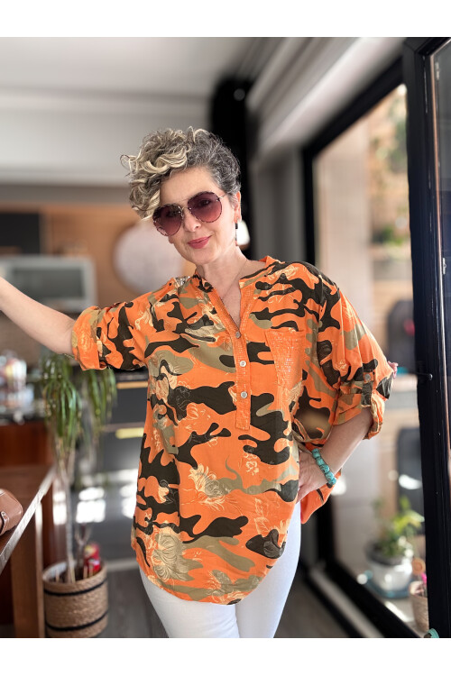 Gussi İtalyan Batik Kamuflaj Desen Pul Detay Gömlek Orange