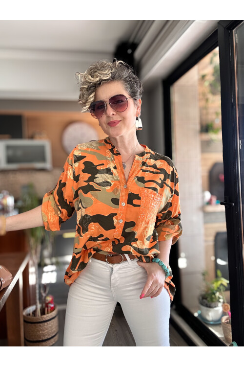 Gussi İtalyan Batik Kamuflaj Desen Pul Detay Gömlek Orange