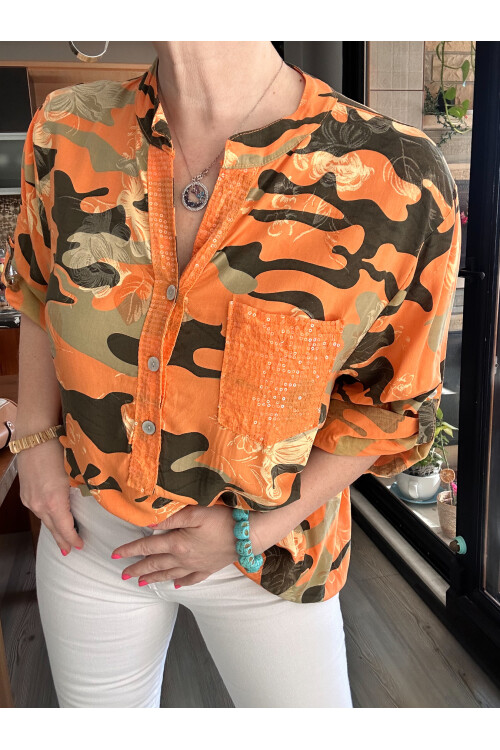 Gussi İtalyan Batik Kamuflaj Desen Pul Detay Gömlek Orange
