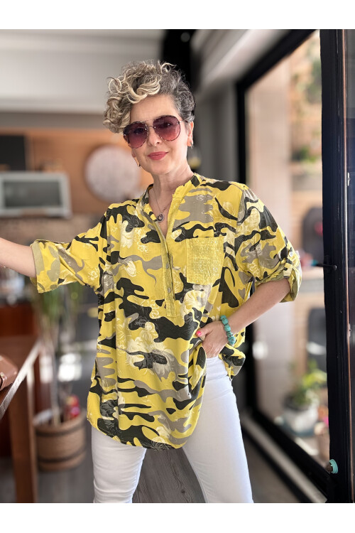 Gussi İtalyan Batik Kamuflaj Desen Pul Detay Gömlek Sarı