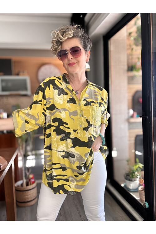 Gussi İtalyan Batik Kamuflaj Desen Pul Detay Gömlek Sarı