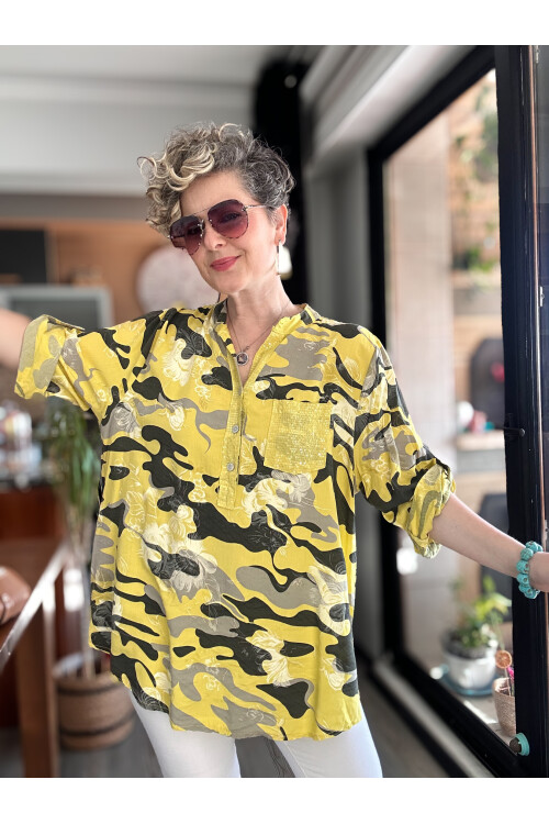 Gussi İtalyan Batik Kamuflaj Desen Pul Detay Gömlek Sarı