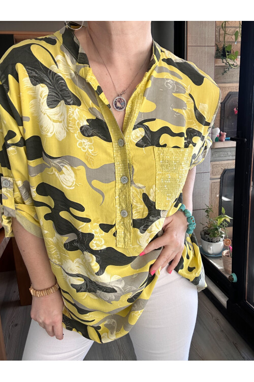 Gussi İtalyan Batik Kamuflaj Desen Pul Detay Gömlek Sarı