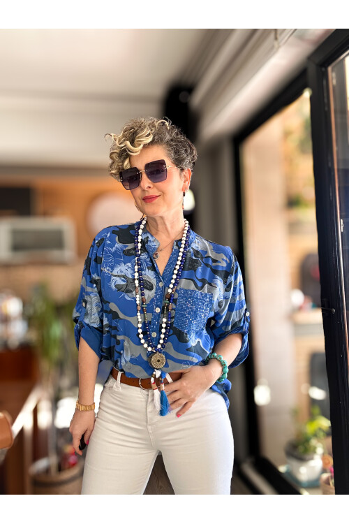 Gussi İtalyan Batik Kamuflaj Desen Pul Detay Gömlek Sax