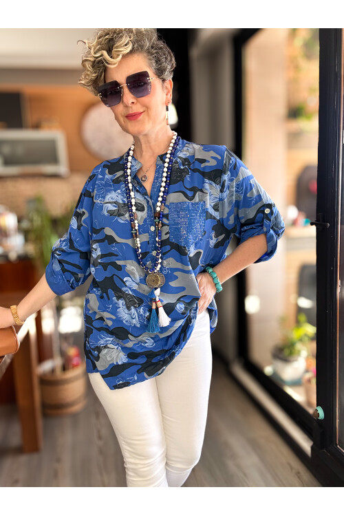 Gussi İtalyan Batik Kamuflaj Desen Pul Detay Gömlek Sax