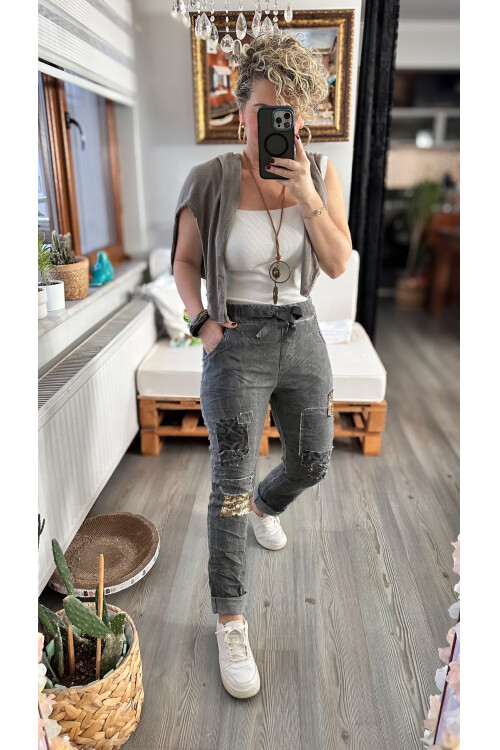 İtaliana Leopar Desen Pul Detaylı Sihirli Pantolon Antrasit