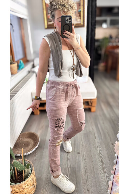 İtaliana Leopar Desen Pul Detaylı Sihirli Pantolon Pudra