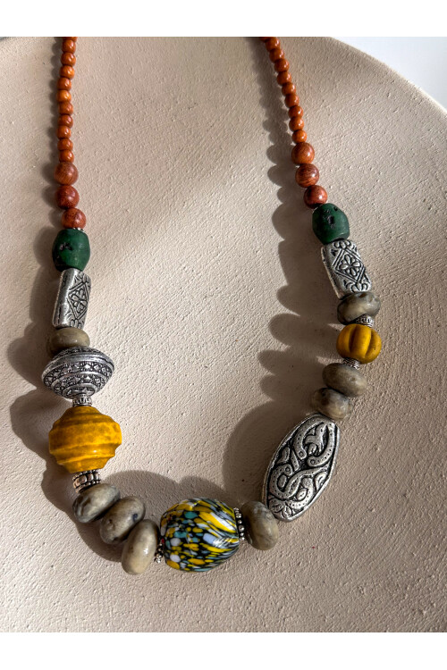 Melis Etnik Pirinç Cam Bambu Kolye