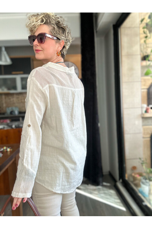 Jalli Tasarım Sırt File Detay Gömlek Bej