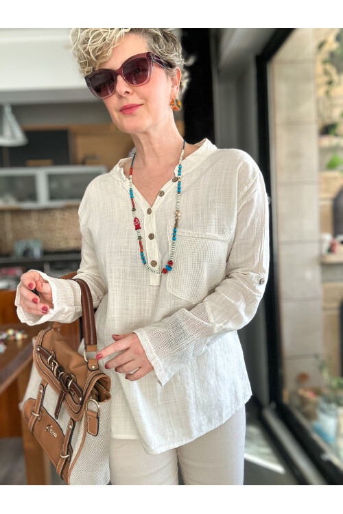 Jalli Tasarım Sırt File Detay Gömlek Bej