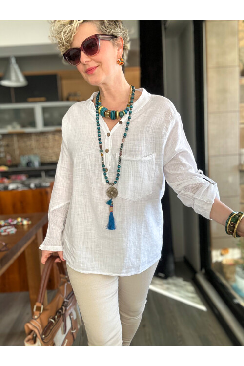 Jalli Tasarım Sırt File Detay Gömlek Beyaz