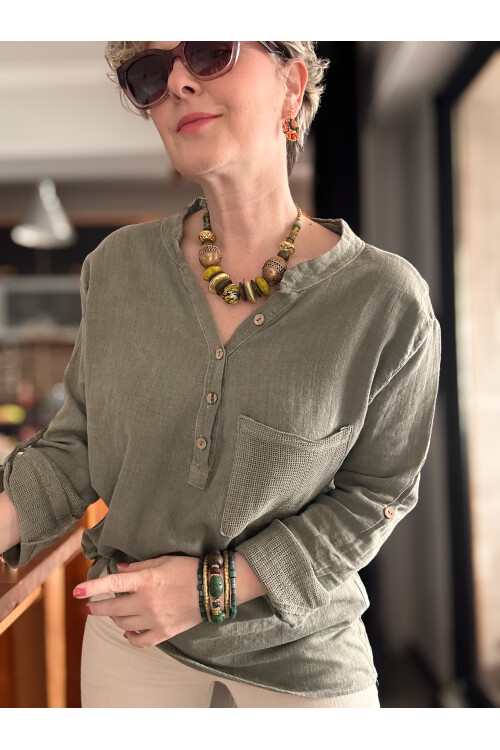 Jalli Tasarım Sırt File Detay Gömlek Haki