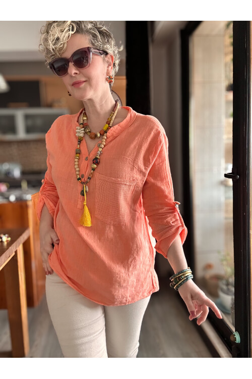 Jalli Tasarım Sırt File Detay Gömlek Turuncu