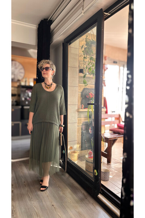 Janine İtalyan Merserize Bluz Takım Elbise Haki