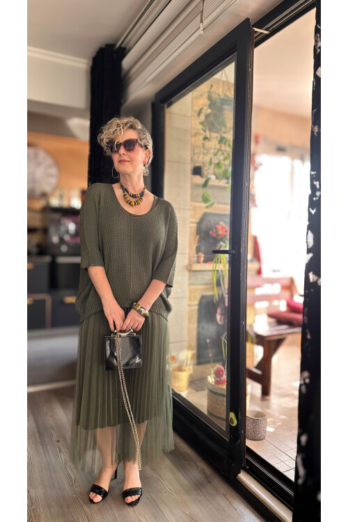 Janine İtalyan Merserize Bluz Takım Elbise Haki