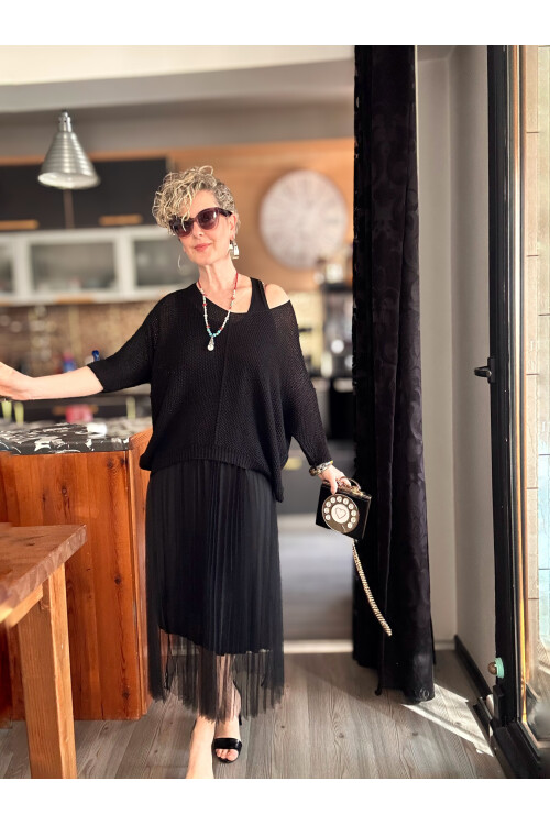 Janine İtalyan Merserize Bluz Takım Elbise Siyah