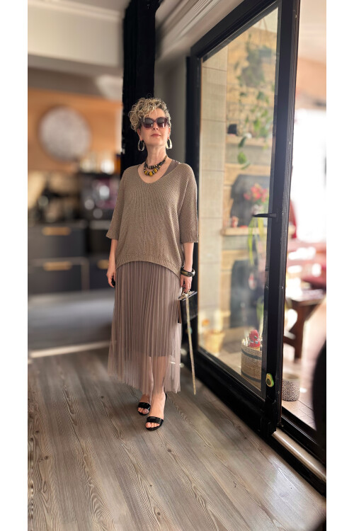 Janine İtalyan Merserize Bluz Takım Elbise Vizon