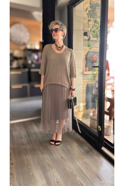 Janine İtalyan Merserize Bluz Takım Elbise Vizon