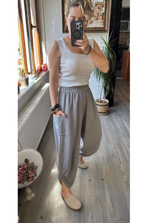 Jimmy V Paça Detaylı Bel Lastik Pamuk Pantalon Açık Gri