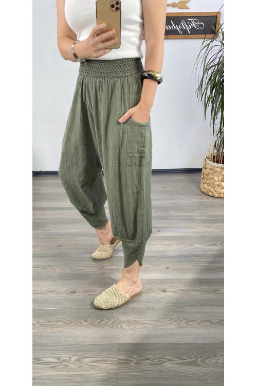 Jimmy V Paça Detaylı Bel Lastik Pamuk Pantalon Haki