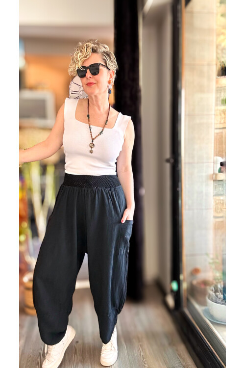 Jimmy V Paça Detaylı Bel Lastik Pamuk Pantalon Siyah