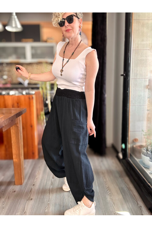 Jimmy V Paça Detaylı Bel Lastik Pamuk Pantalon Siyah
