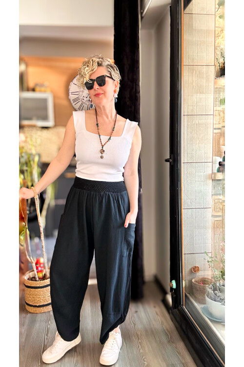 Jimmy V Paça Detaylı Bel Lastik Pamuk Pantalon Siyah