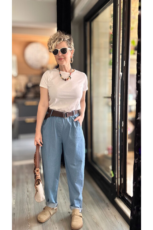 Kessi İtalyan Balon Kemerli Pantolon Tencel Bebe Mavi