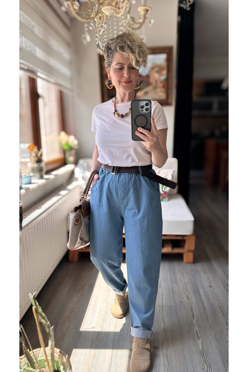 Kessi İtalyan Balon Kemerli Pantolon Tencel Bebe Mavi