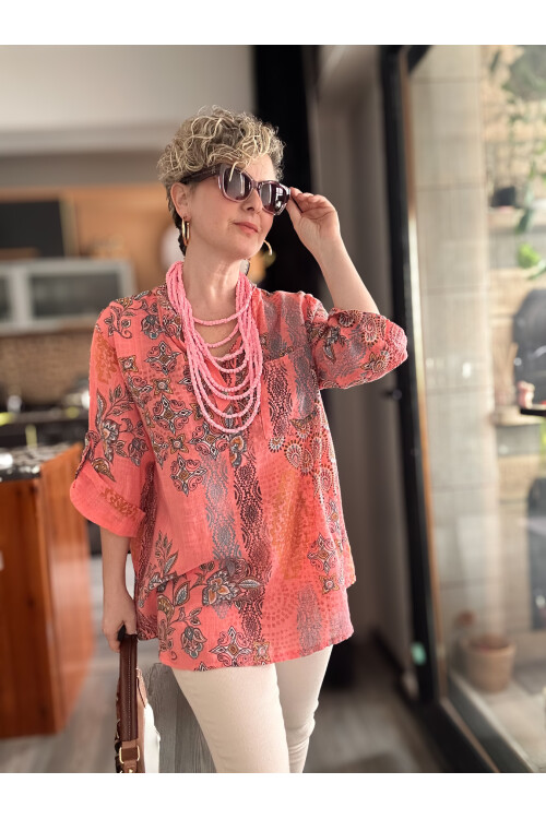 Lanis Şal Desen İtalyan Gömlek Mercan