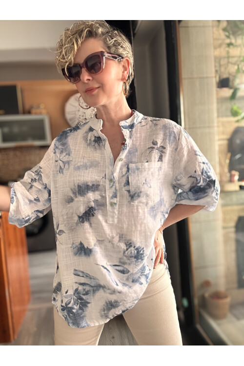 Latre Yaprak Desen İtalyan Gömlek Beyaz