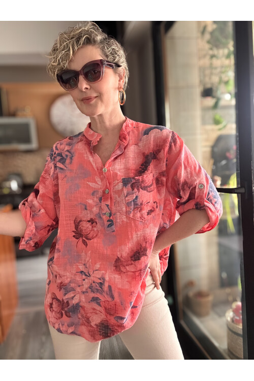 Latre Yaprak Desen İtalyan Gömlek Mercan