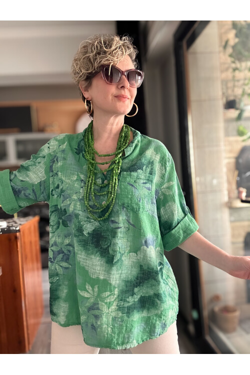 Latre Yaprak Desen İtalyan Gömlek Yeşil