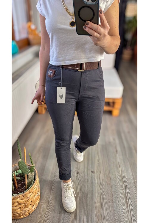 Letto İtalyan Cep Detay Kemerli Sihirli Pantolon Gri