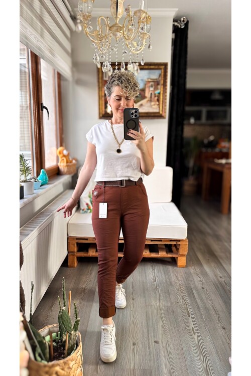 Letto İtalyan Cep Detay Kemerli Sihirli Pantolon Kahve