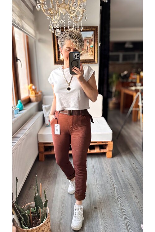 Letto İtalyan Cep Detay Kemerli Sihirli Pantolon Kahve