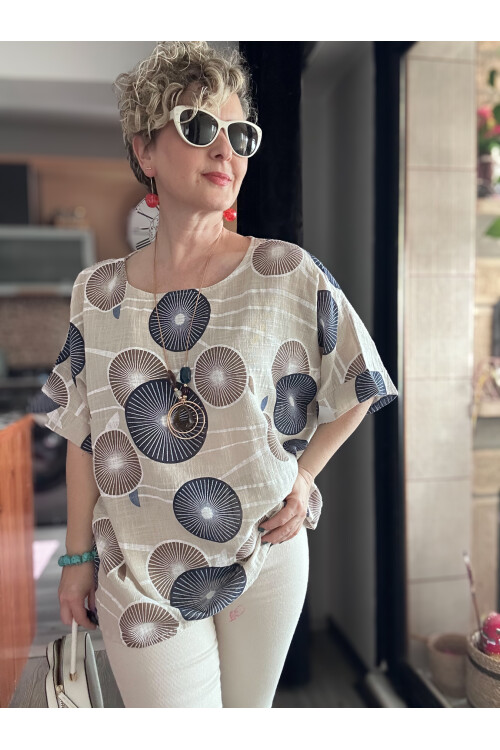 Limmo Desenli  İthal Kolyeli Tasarım Bluz Beige