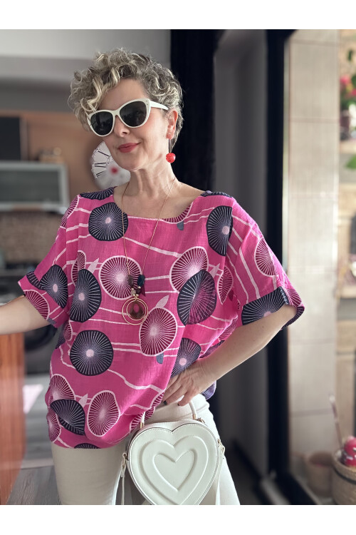 Limmo Desenli  İthal Kolyeli Tasarım Bluz Fuşya
