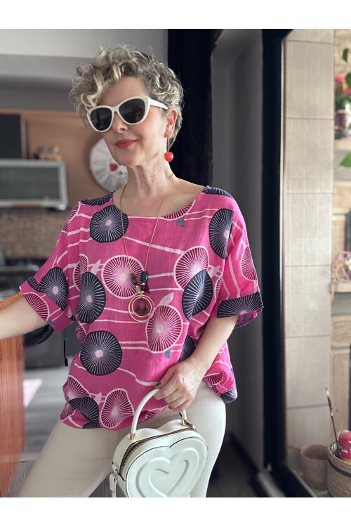 Limmo Desenli  İthal Kolyeli Tasarım Bluz Fuşya