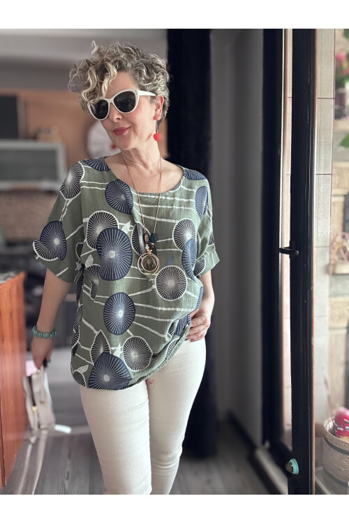 Limmo Desenli  İthal Kolyeli Tasarım Bluz Haki