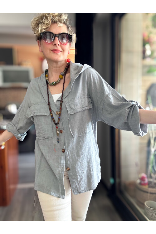 Lolly Vintage Kapşonlu Gömlek Ceket Açık Gri