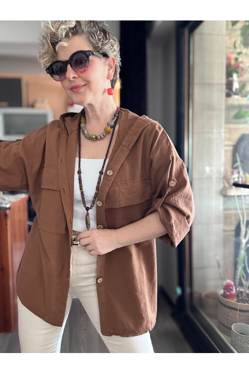 Lolly Vintage Kapşonlu Gömlek Ceket Kahve