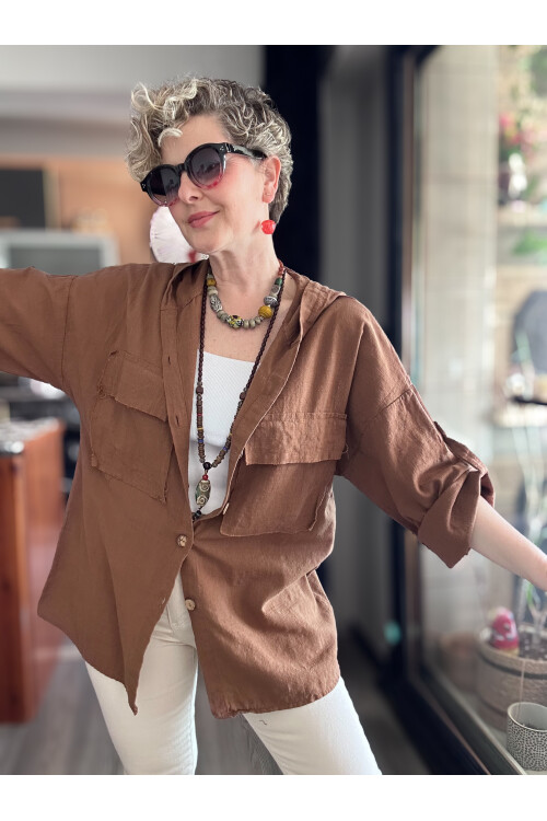 Lolly Vintage Kapşonlu Gömlek Ceket Kahve