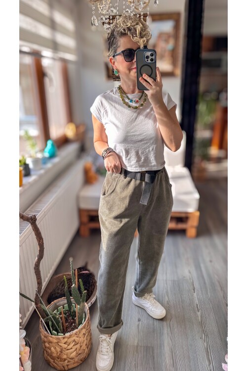 Luppo İtalyan Şönil Kemerli Havuç Pantolon Haki