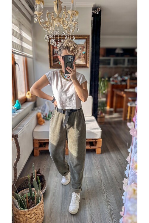 Luppo İtalyan Şönil Kemerli Havuç Pantolon Haki