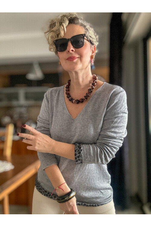 Maggi Leopar Desen V Yaka Triko Gri