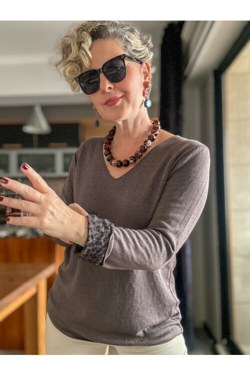 Maggi Leopar Desen V Yaka Triko Kahve