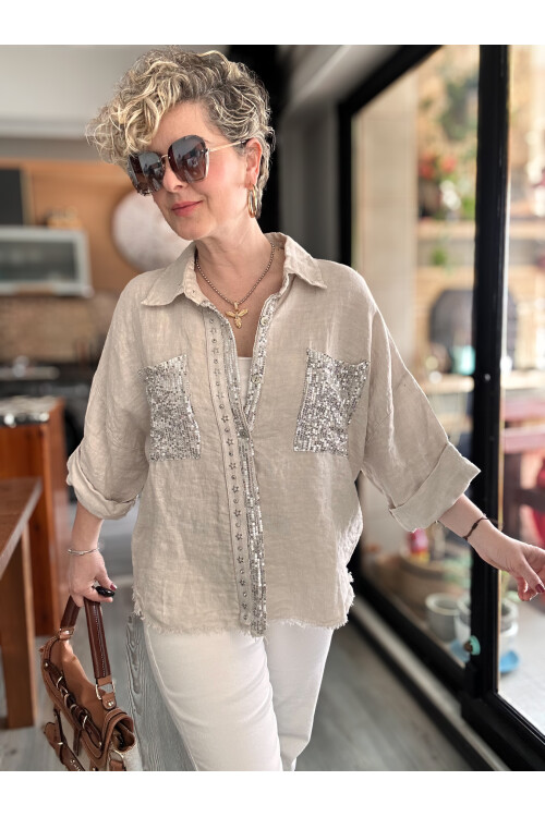 Marnis İtalyan Vip Pul Payet Detay Gömlek Ceket Beige