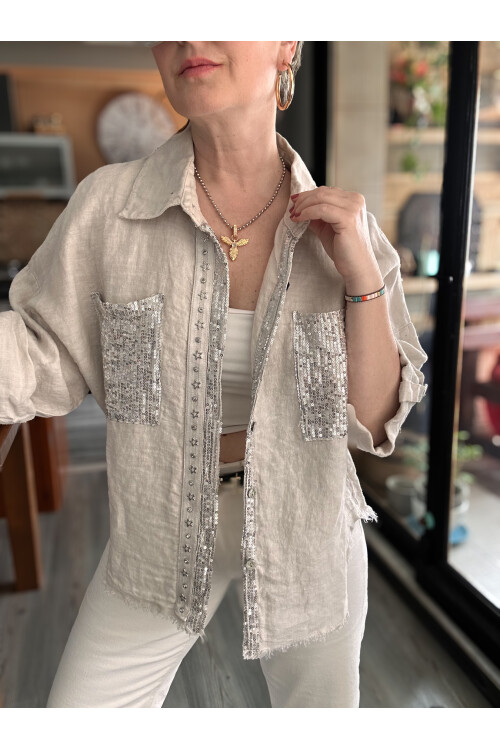 Marnis İtalyan Vip Pul Payet Detay Gömlek Ceket Beige