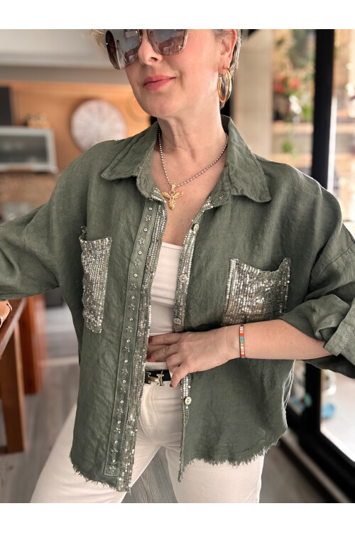 Marnis İtalyan Vip Pul Payet Detay Gömlek Ceket Haki